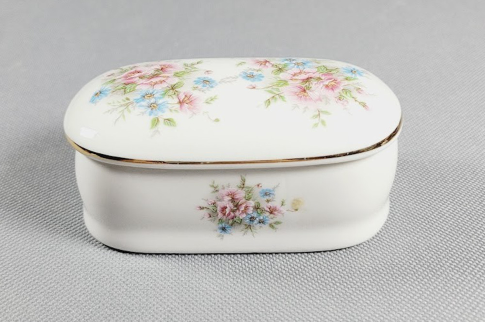 Vintage J.S.B. Portugal Porcelain Trinket Pill Box Floral Gold Trim Lidded